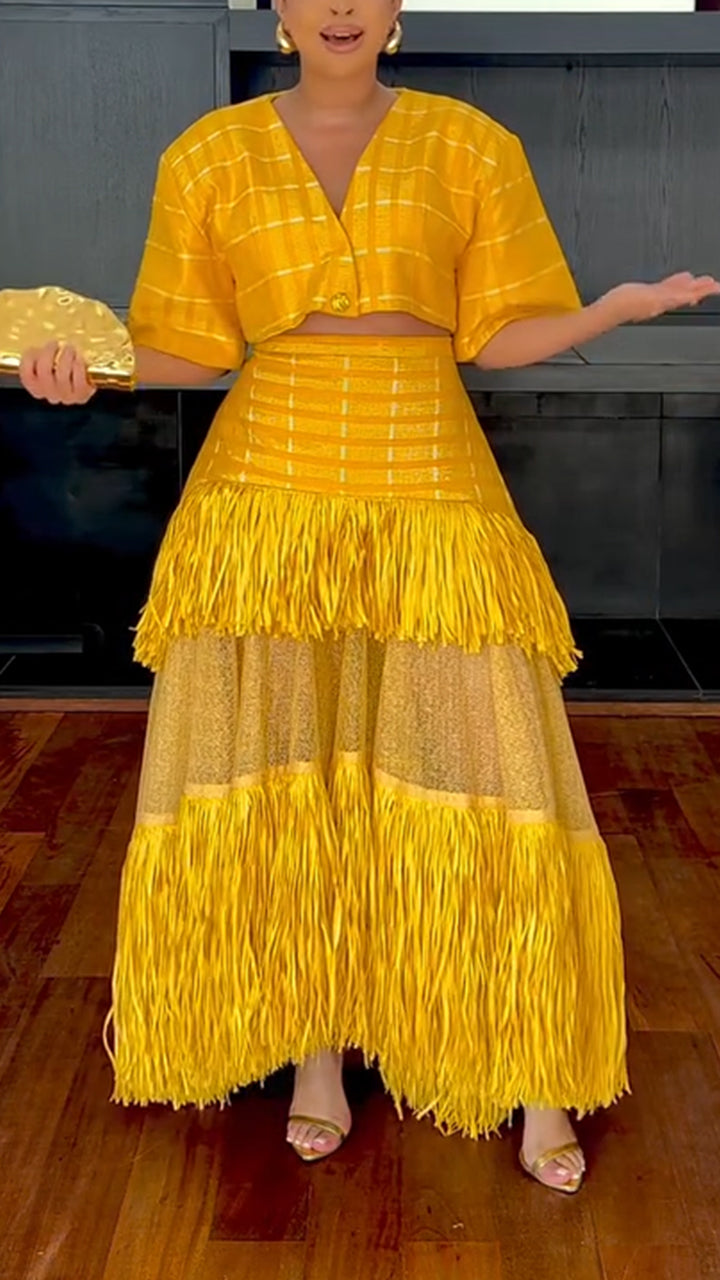 Ensemble haut rayé col en V et demi-jupe à pompons patchwork pour soirée