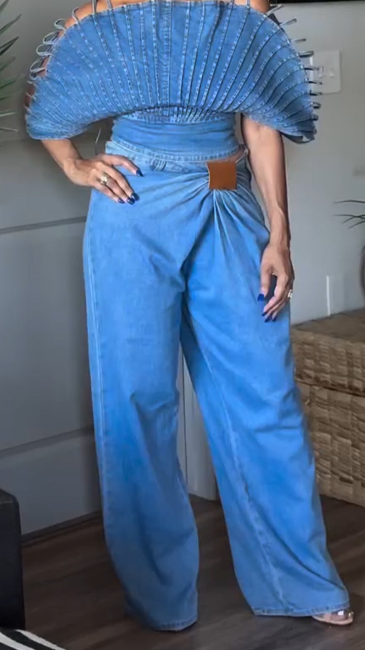 Ensemble décontracté en jean avec caraco coupe éventail et pantalon pour femme
