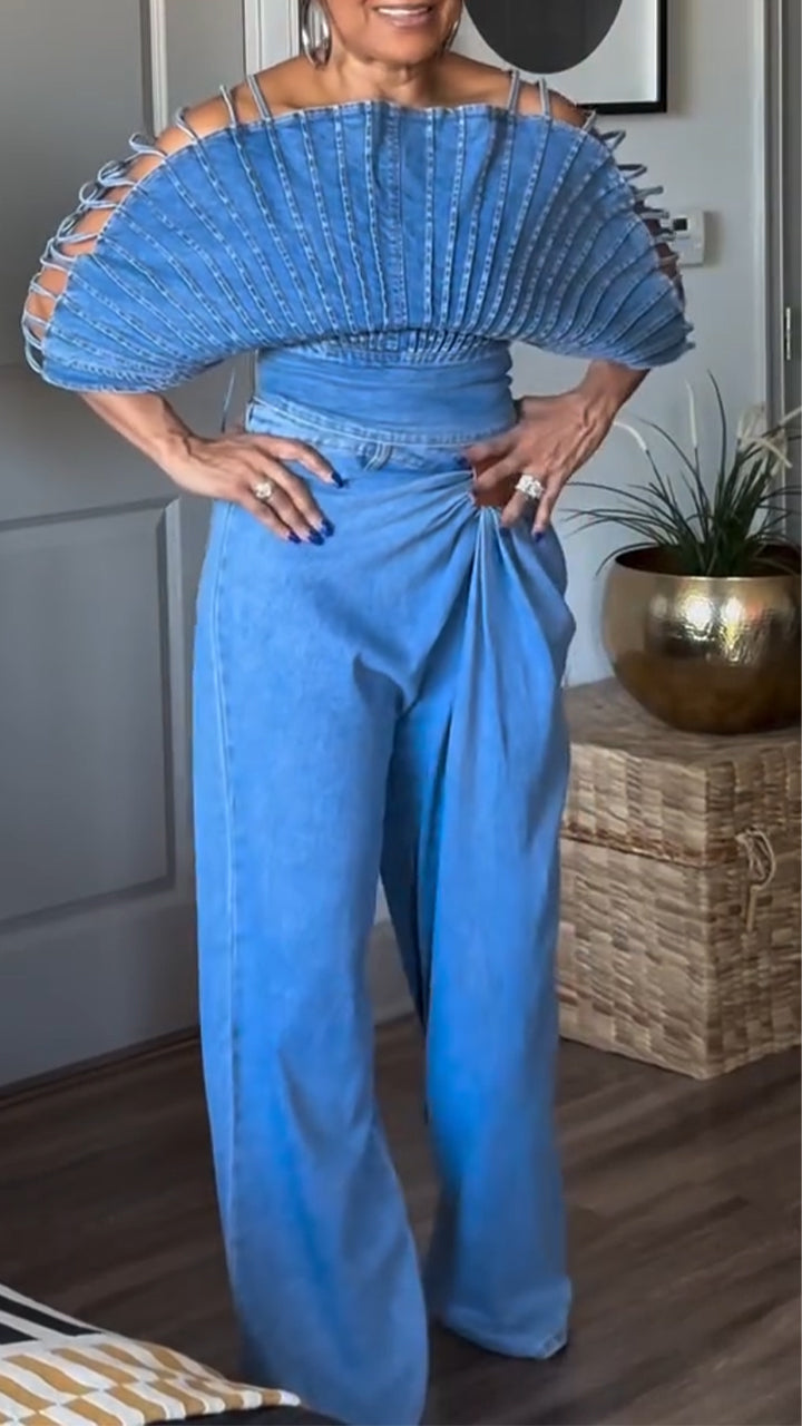 Ensemble décontracté en jean avec caraco coupe éventail et pantalon pour femme