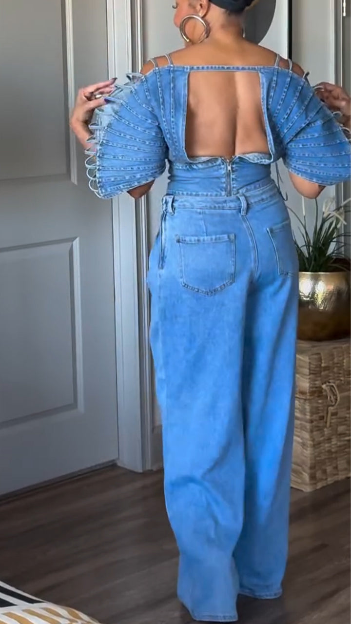 Ensemble décontracté en jean avec caraco coupe éventail et pantalon pour femme