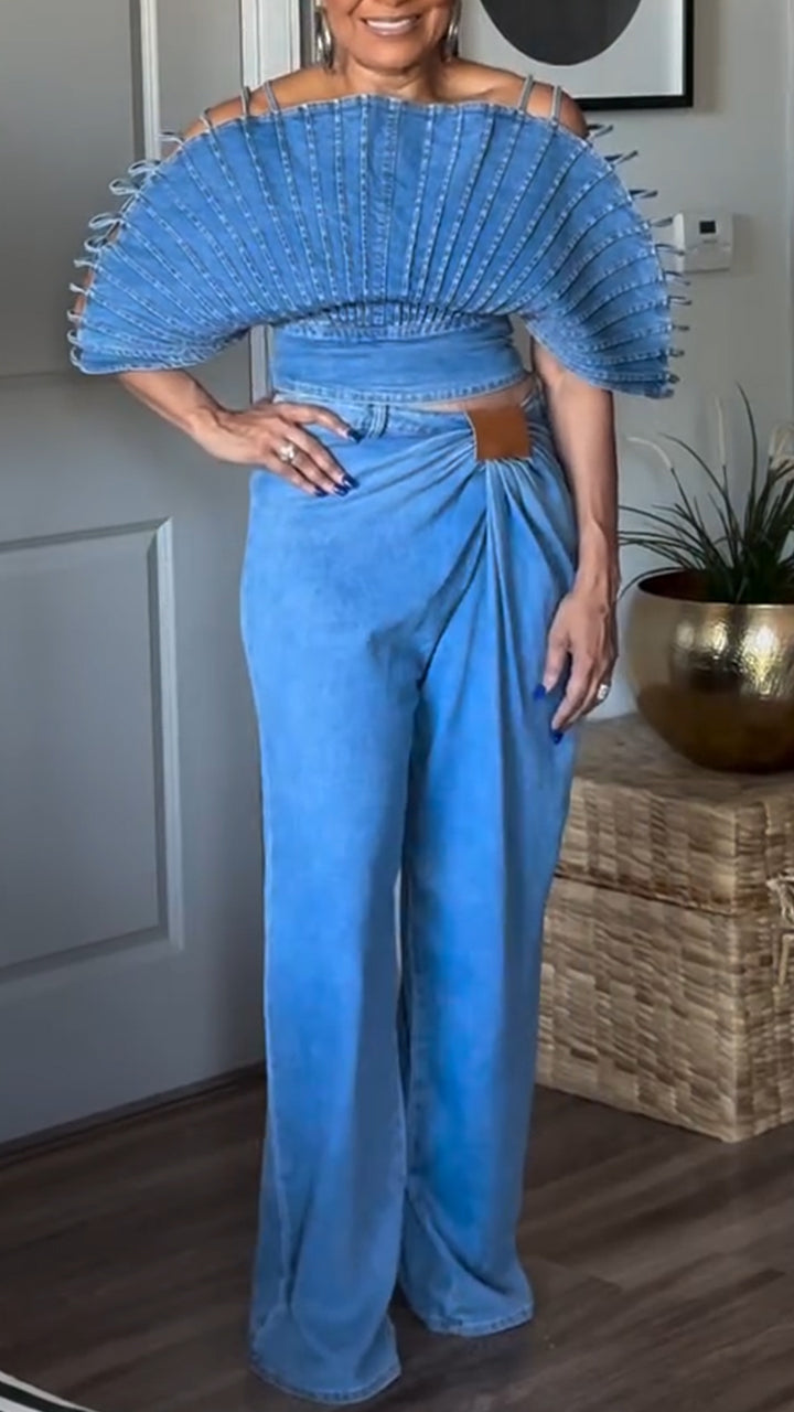 Ensemble décontracté en jean avec caraco coupe éventail et pantalon pour femme
