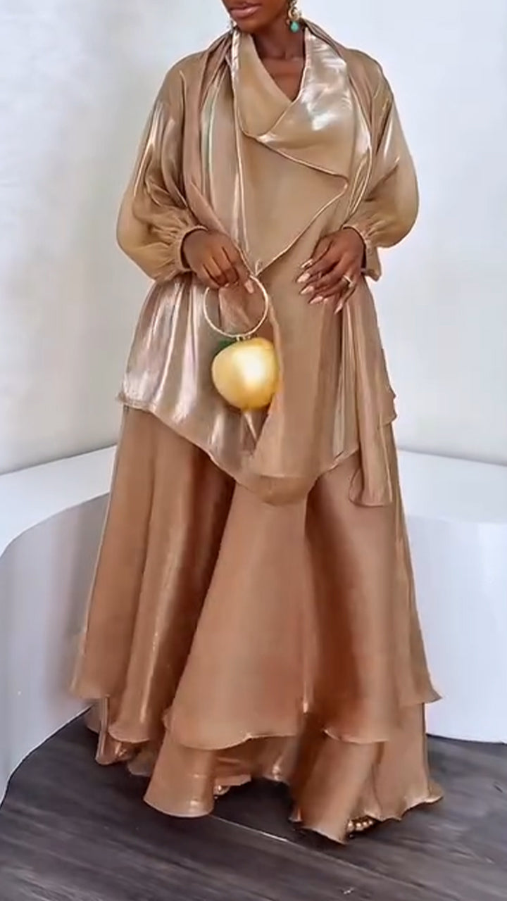 Ensemble élégant pour femme avec robe patchwork et haut brillant