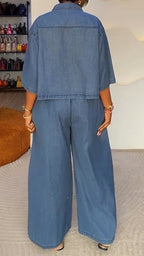 Ensemble costume denim décontracté veste à col + pantalon pour femmes