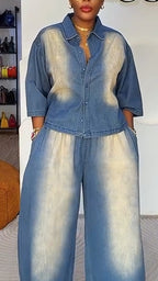 Ensemble costume denim décontracté veste à col + pantalon pour femmes