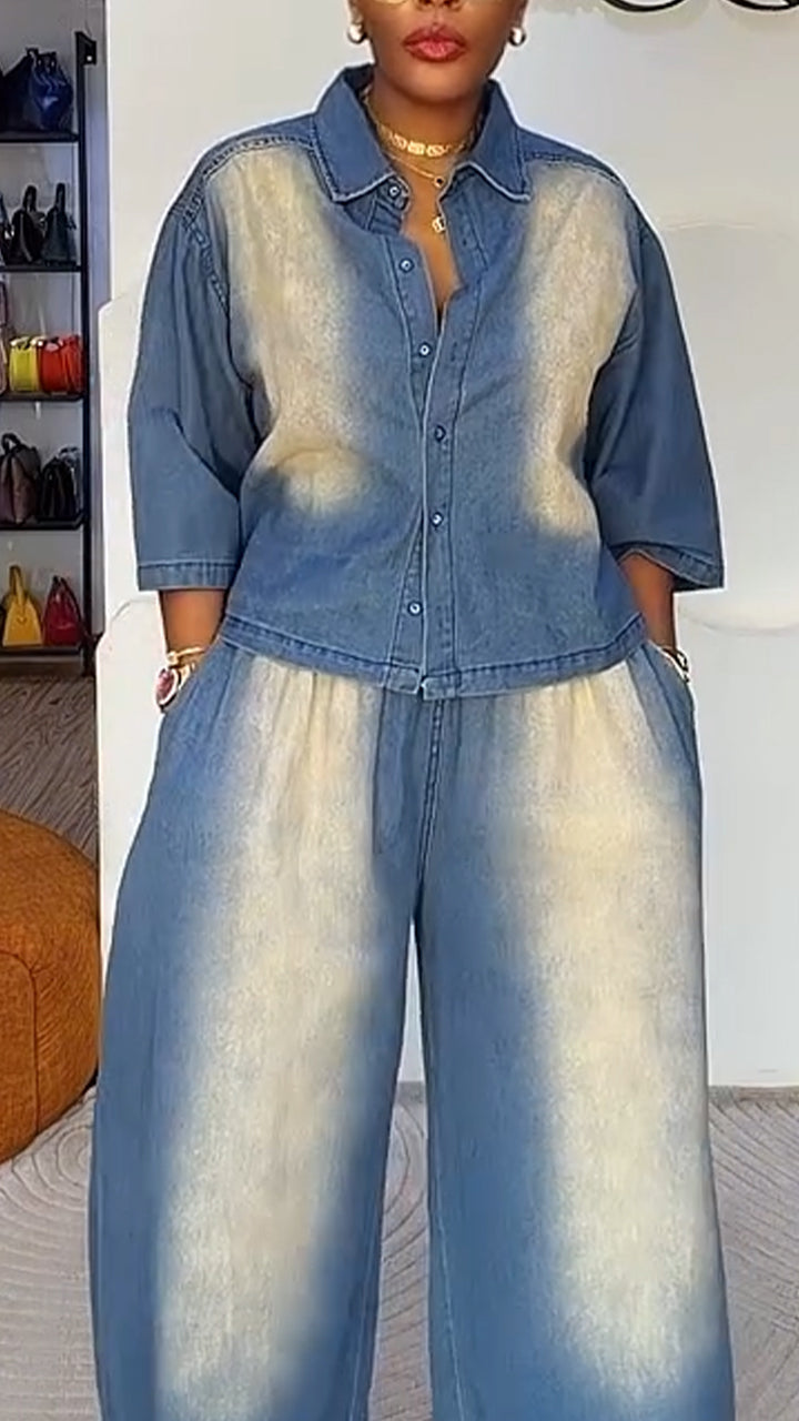 Ensemble costume denim décontracté veste à col + pantalon pour femmes