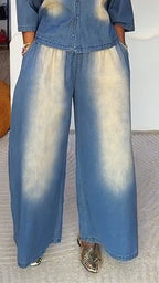 Ensemble costume denim décontracté veste à col + pantalon pour femmes