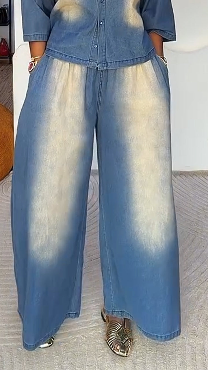 Ensemble costume denim décontracté veste à col + pantalon pour femmes