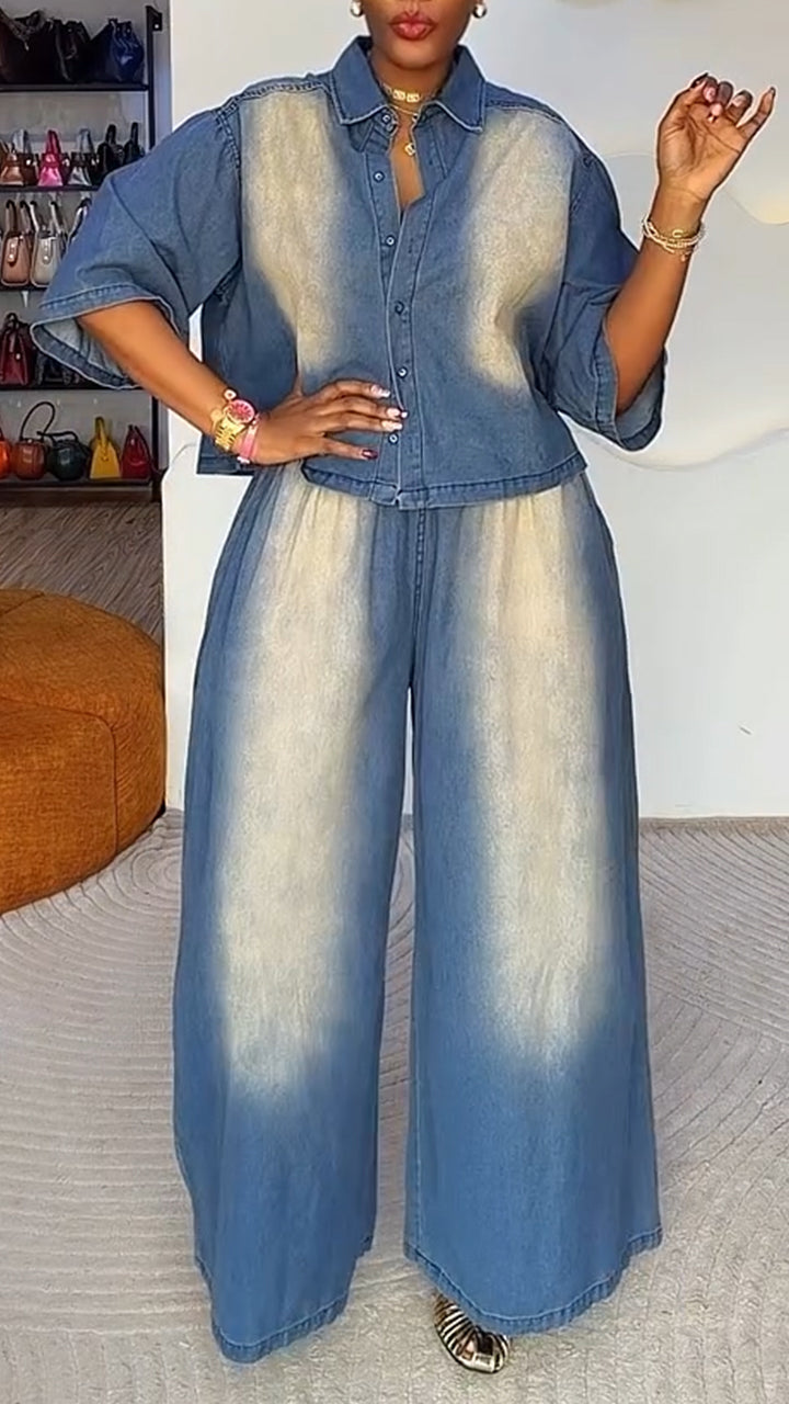 Ensemble costume denim décontracté veste à col + pantalon pour femmes