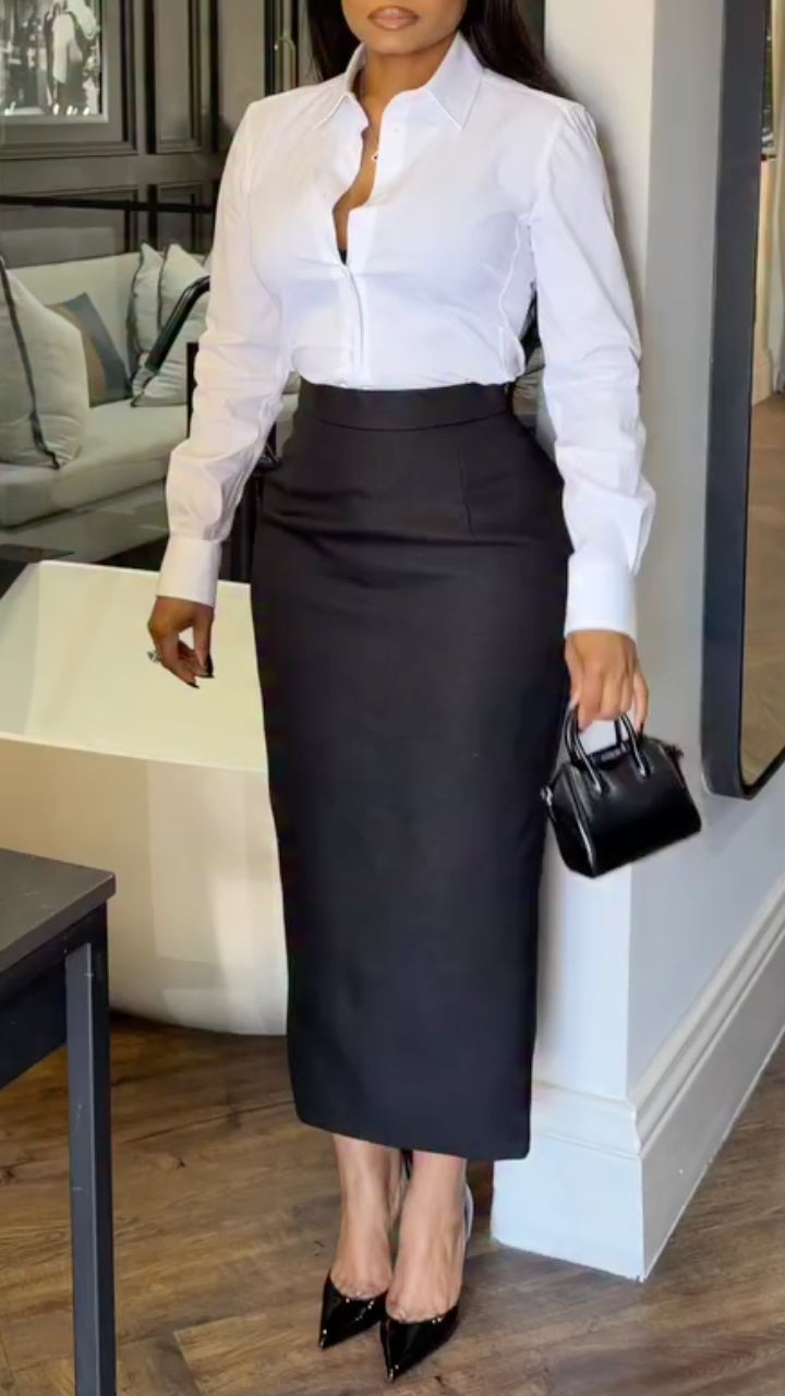Ensemble chemise à col et jupe pour femme, idéal pour le travail