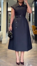 Robe de travail à revers et ceinture pour femme