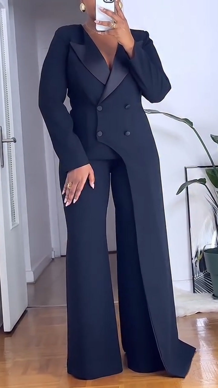 Ensemble tailleur irrégulier avec col pour femme + pantalon couleur unie pour le travail