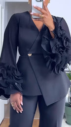 Ensemble de tailleur-pantalon femme, col en V, manches bulles à volants, couleur unie, pour déplacements professionnels