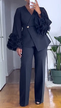 Ensemble de tailleur-pantalon femme, col en V, manches bulles à volants, couleur unie, pour déplacements professionnels