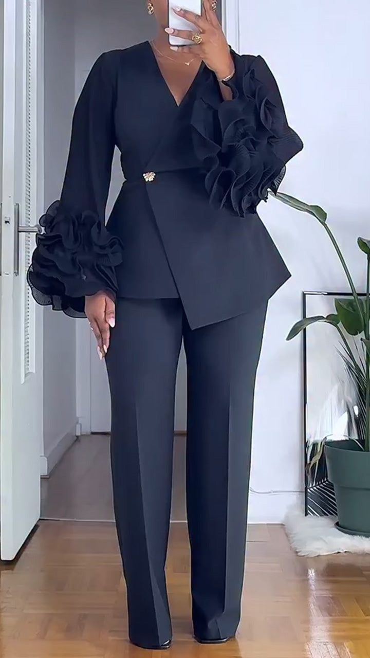 Ensemble de tailleur-pantalon femme, col en V, manches bulles à volants, couleur unie, pour déplacements professionnels