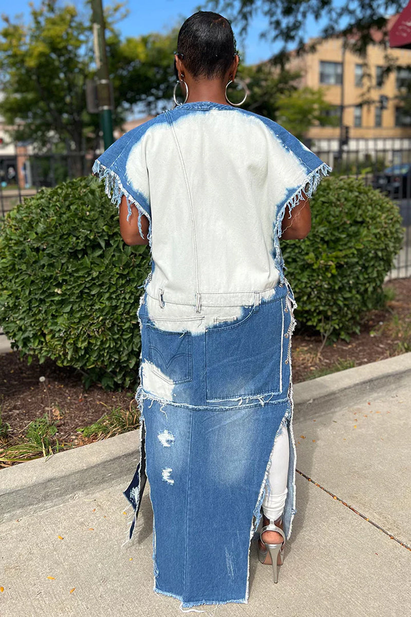 Veste longue femme sans manches en jean patchwork à bords volantés et déchirés avec fente