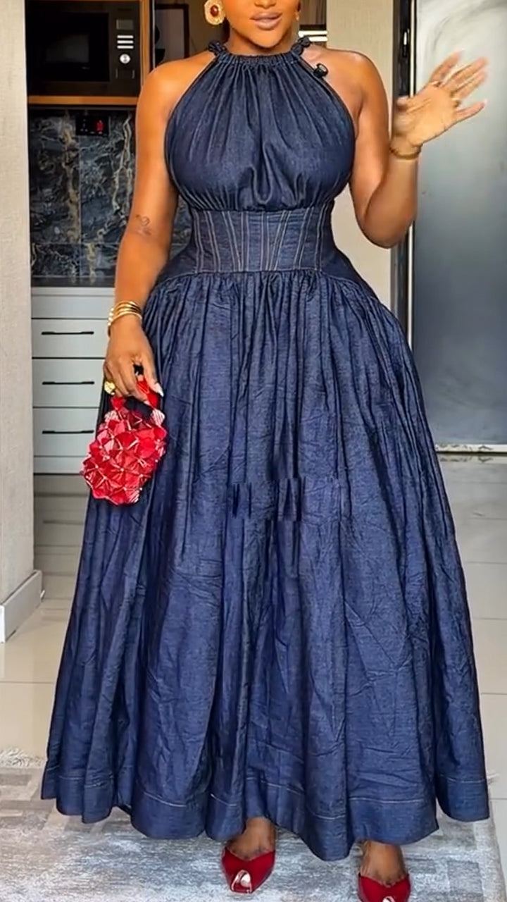 Robe élégante sans manches à col rond et taille cintrée pour femme