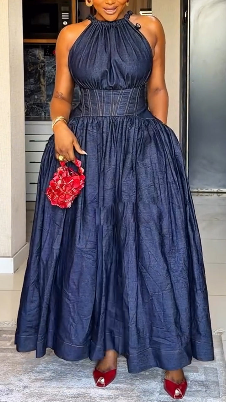 Robe élégante sans manches à col rond et taille cintrée pour femme