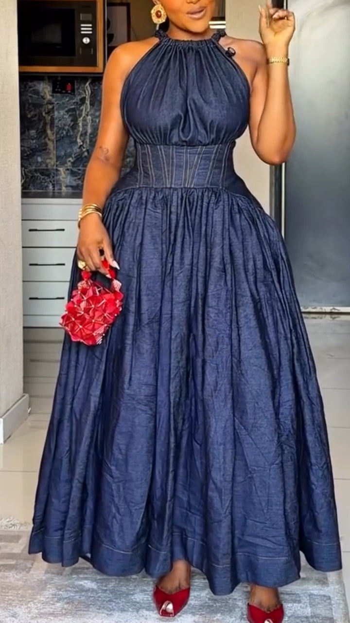 Robe élégante sans manches à col rond et taille cintrée pour femme