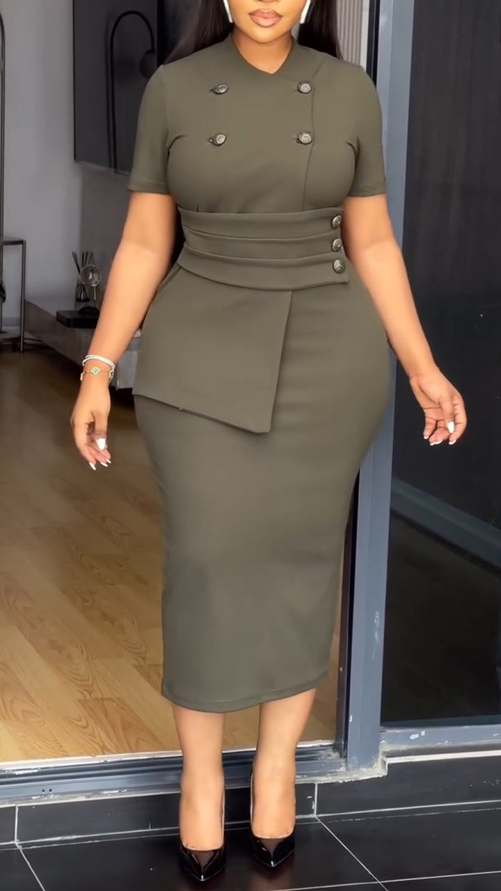 Robe de travail femme à col rond, boutonnage croisé, taille cintrée et tempérament