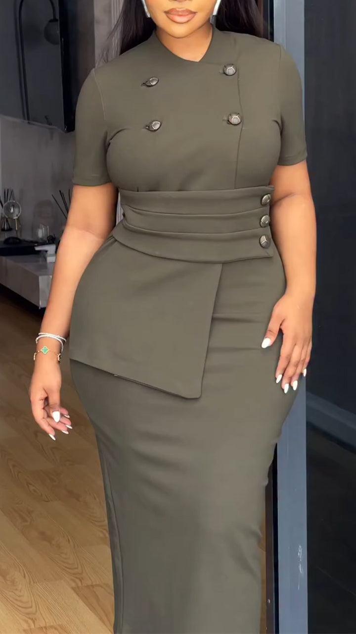Robe de travail femme à col rond, boutonnage croisé, taille cintrée et tempérament