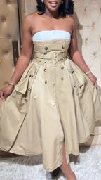 Robe élégante sans bretelles ni manches, avec patchwork et double boutonnage, pour femme