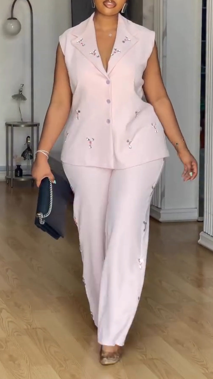 Ensemble top col sans manches à strass et pantalon pour femme, style professionnel