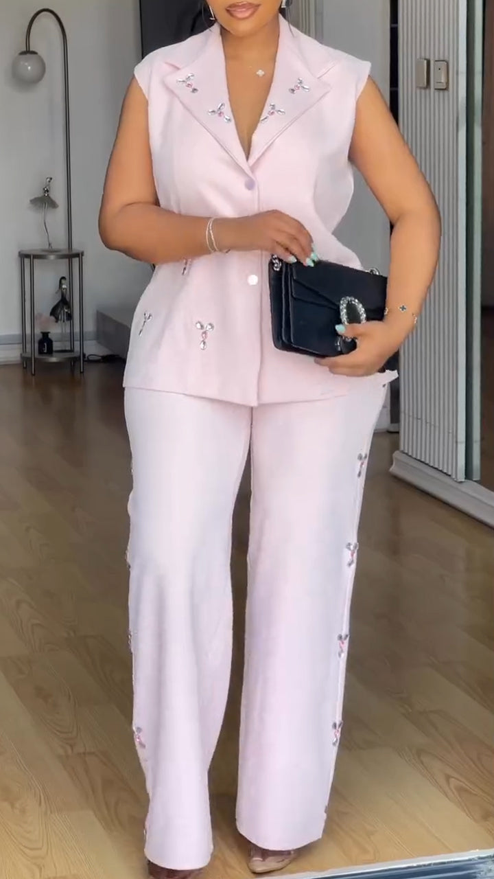 Ensemble top col sans manches à strass et pantalon pour femme, style professionnel