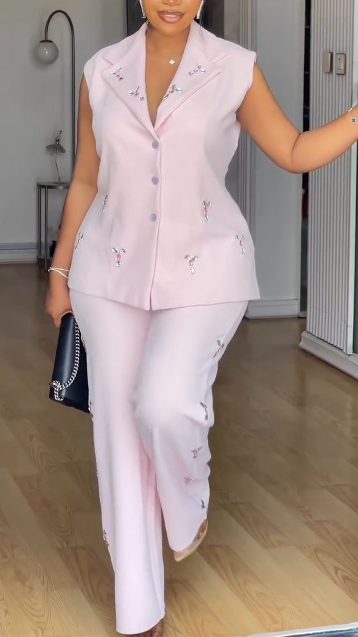 Ensemble top col sans manches à strass et pantalon pour femme, style professionnel