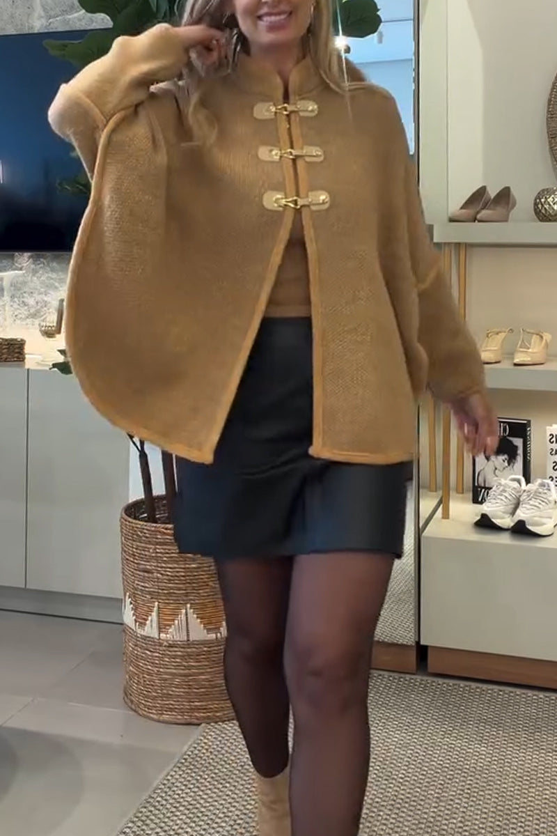 Manteau décontracté en tricot à col rond et boucle métallique pour femme