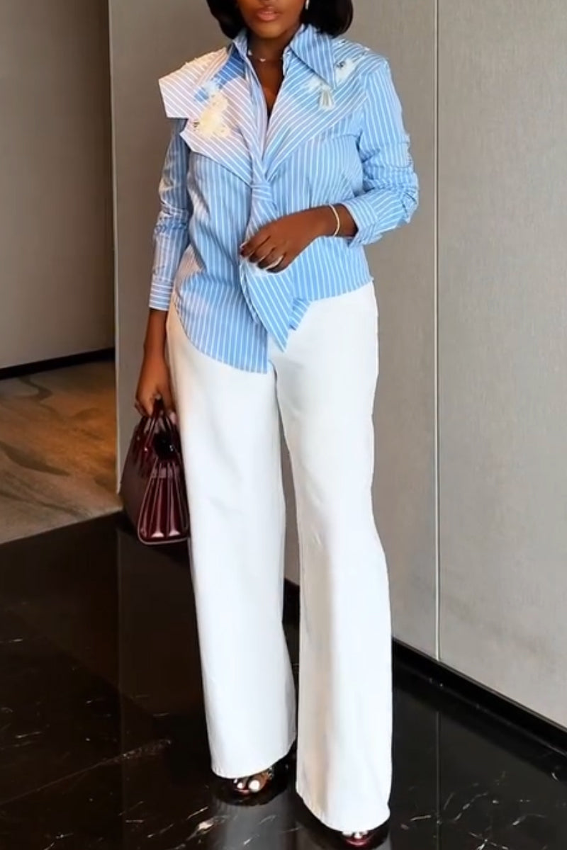 Chemisier rayé vertical décontracté à col pour femme ou pantalon blanc ample à jambe large