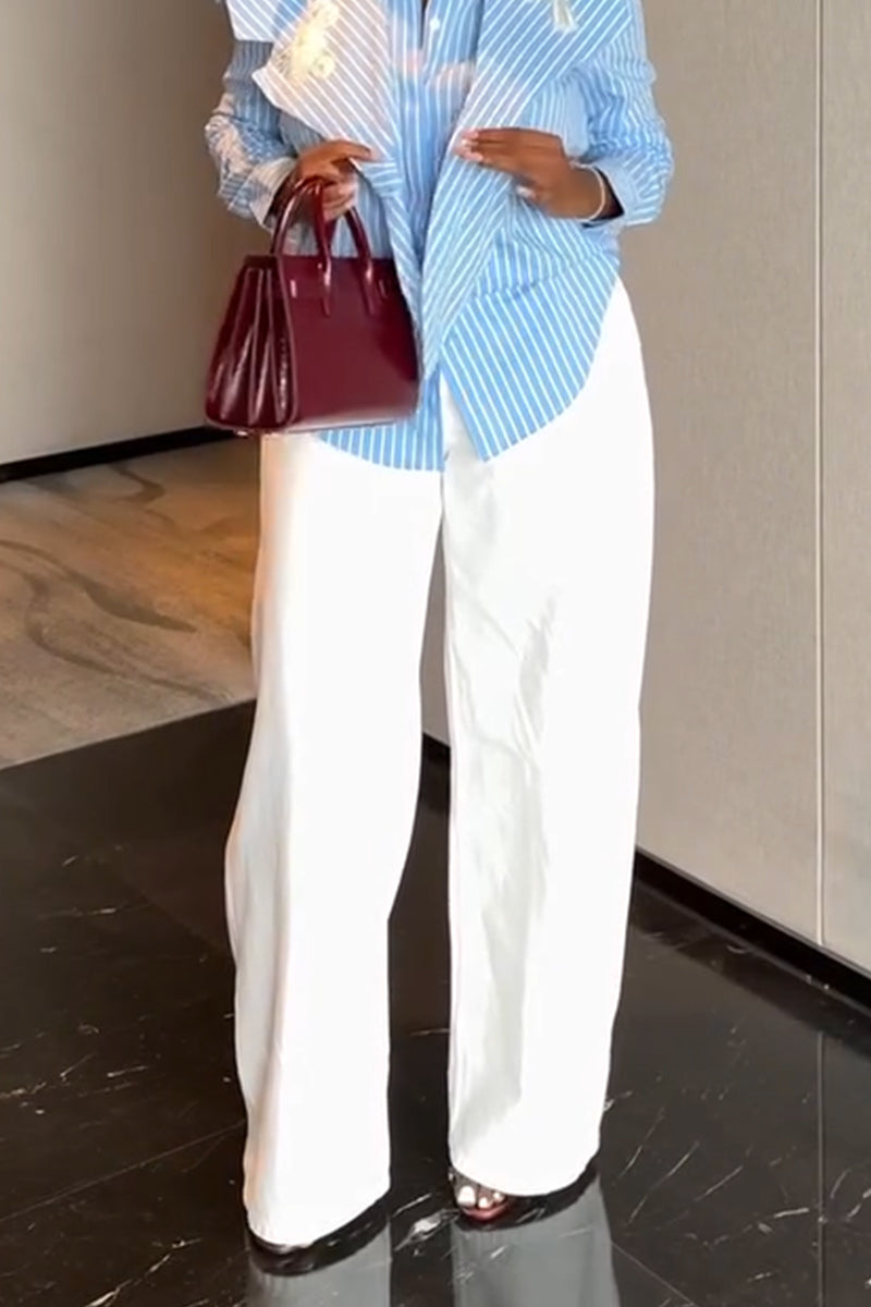 Chemisier rayé vertical décontracté à col pour femme ou pantalon blanc ample à jambe large
