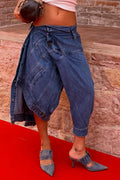 Jean Jogger Capri Baggy Asymétrique Femme en Denim Effiloché à Liens et Taille Nouée