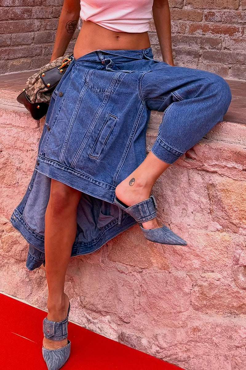 Jean Jogger Capri Baggy Asymétrique Femme en Denim Effiloché à Liens et Taille Nouée
