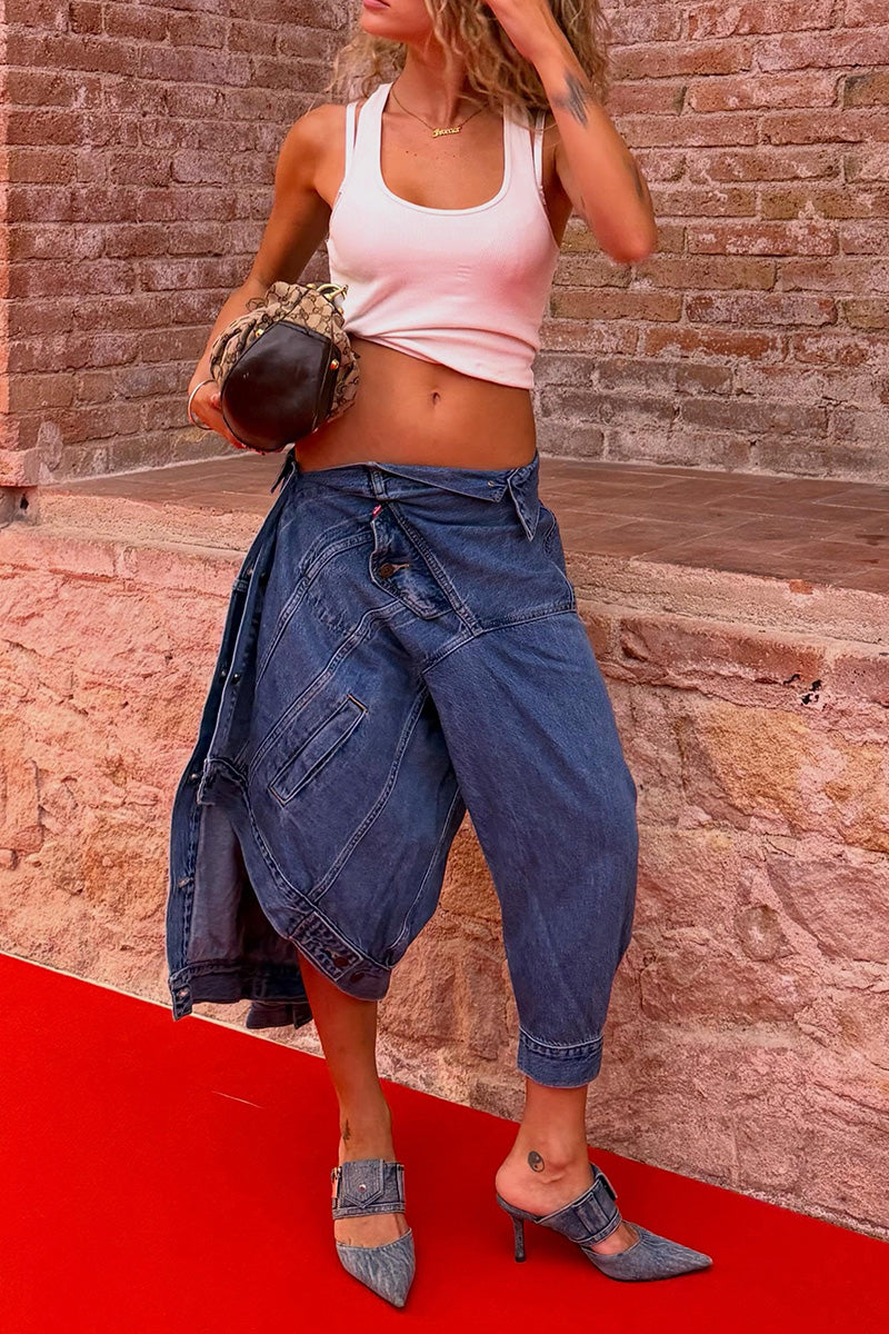 Jean Jogger Capri Baggy Asymétrique Femme en Denim Effiloché à Liens et Taille Nouée