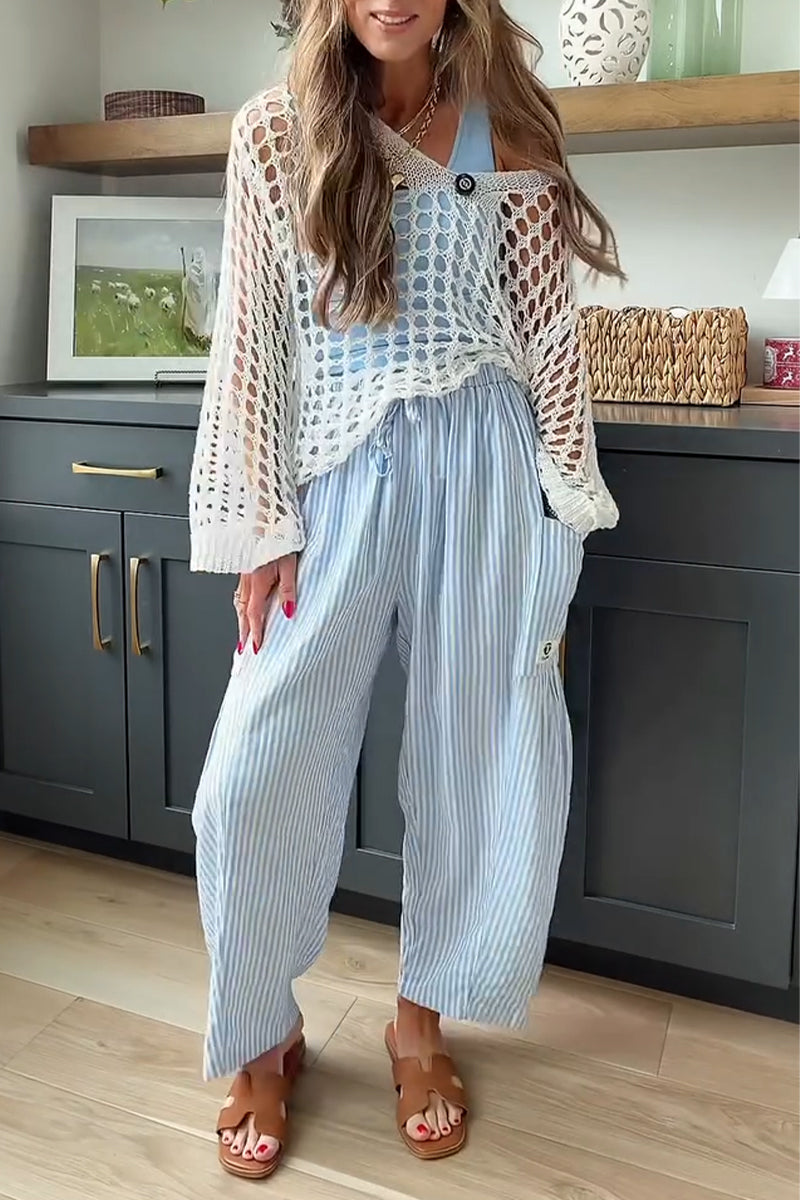 Pantalon en lin décontracté à rayures verticales avec cordon de serrage pour femme