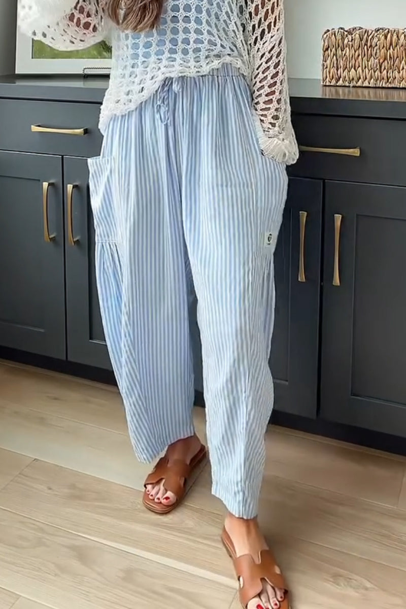 Pantalon en lin décontracté à rayures verticales avec cordon de serrage pour femme