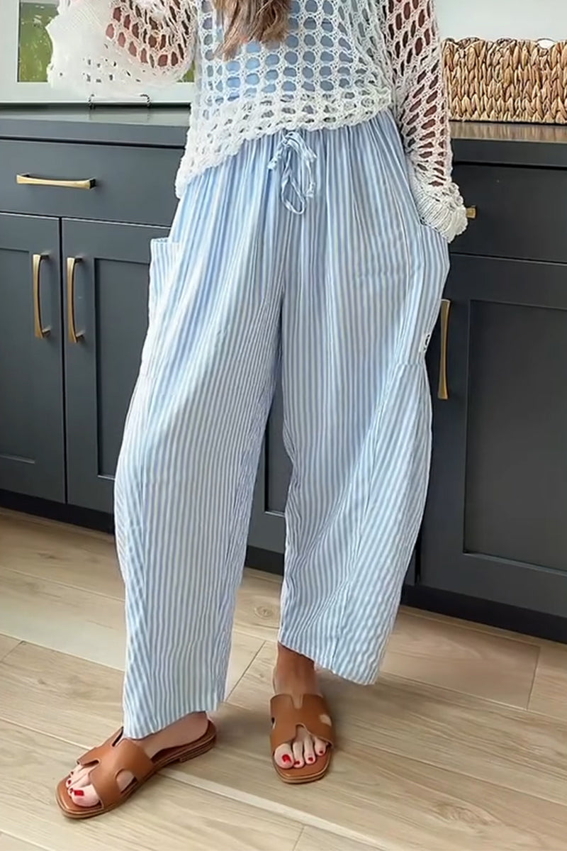 Pantalon en lin décontracté à rayures verticales avec cordon de serrage pour femme