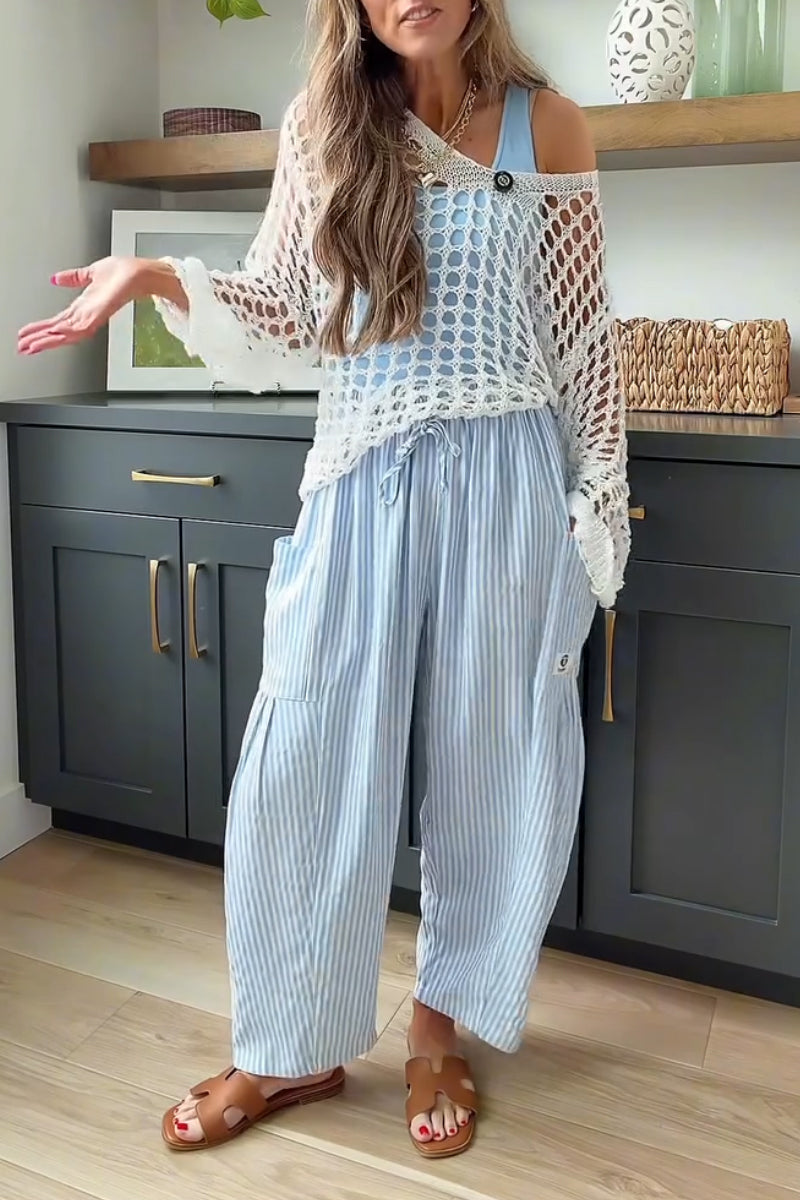 Pantalon en lin décontracté à rayures verticales avec cordon de serrage pour femme