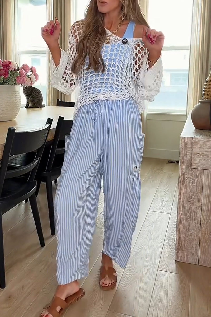 Pantalon en lin décontracté à rayures verticales avec cordon de serrage pour femme