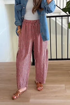 Pantalon ample décontracté à carreaux en lin avec cordon de serrage pour femme