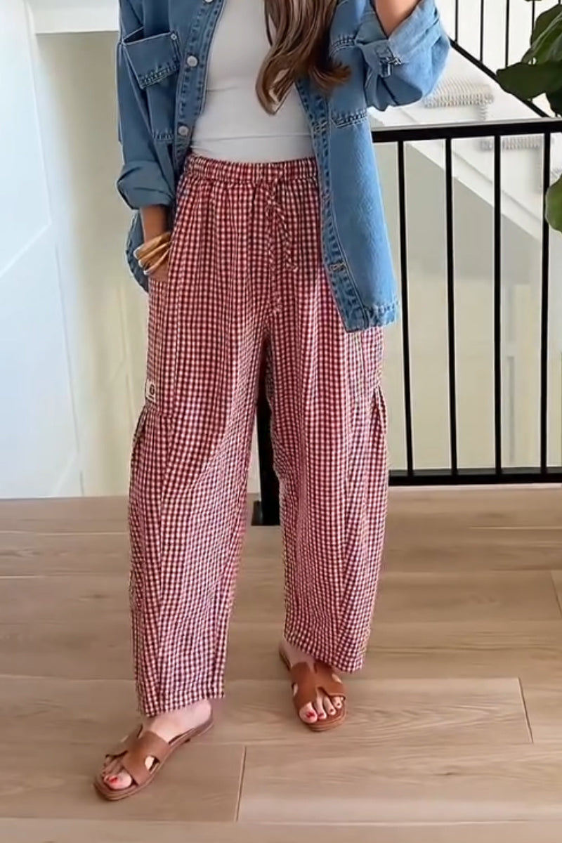 Pantalon ample décontracté à carreaux en lin avec cordon de serrage pour femme