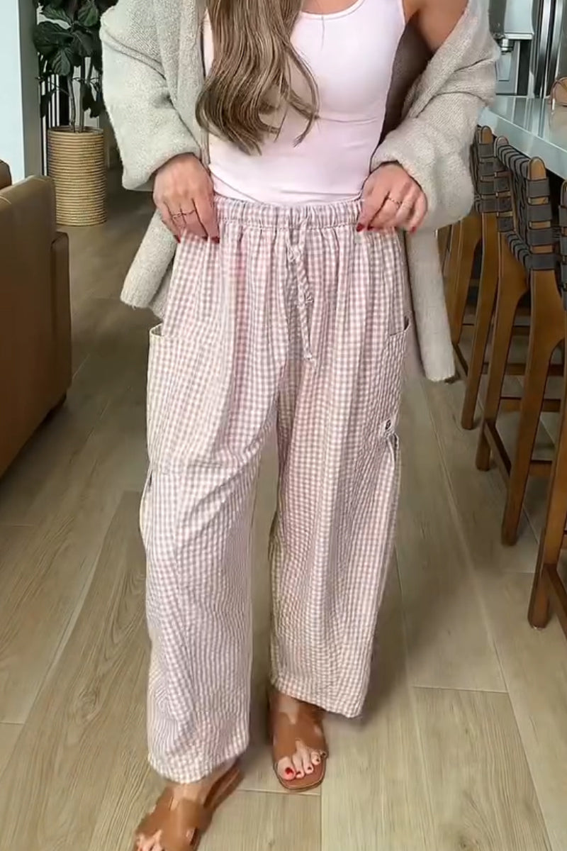 Pantalon ample décontracté à carreaux en lin avec cordon de serrage pour femme