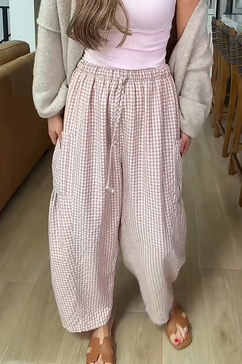 Pantalon ample décontracté à carreaux en lin avec cordon de serrage pour femme
