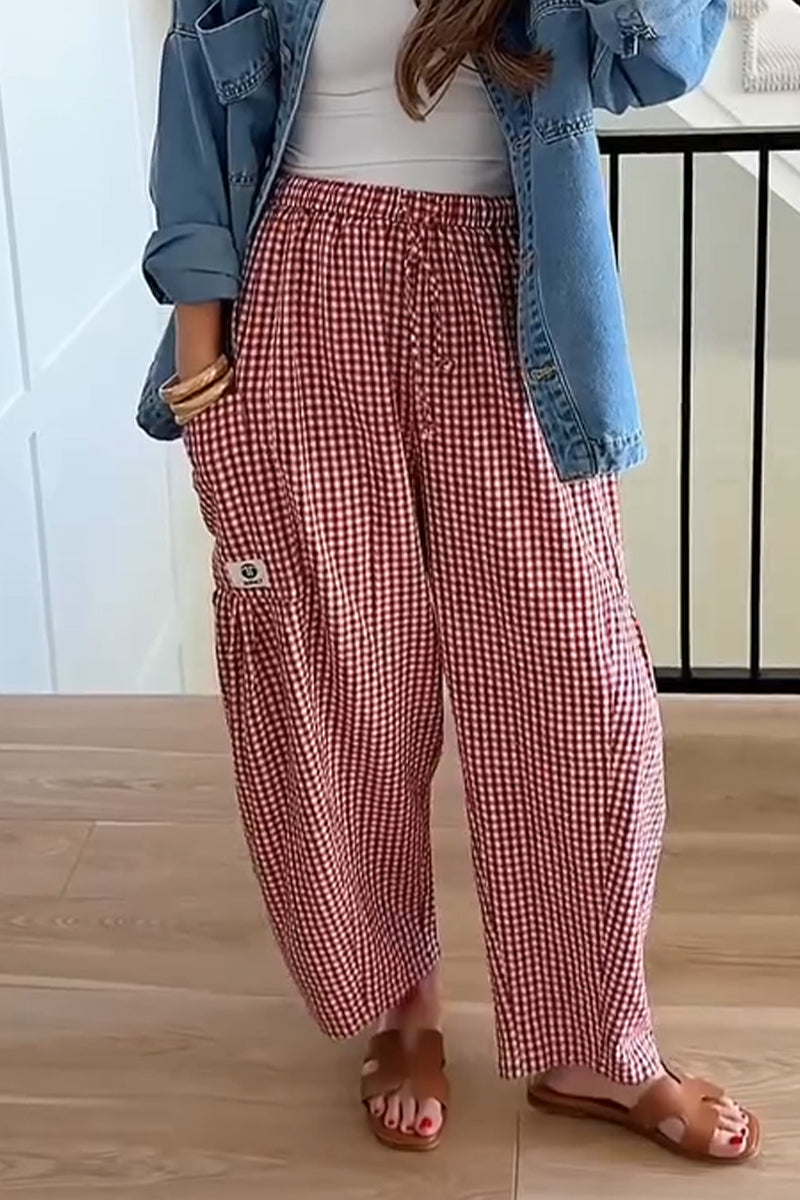Pantalon ample décontracté à carreaux en lin avec cordon de serrage pour femme