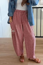 Pantalon ample décontracté à carreaux en lin avec cordon de serrage pour femme