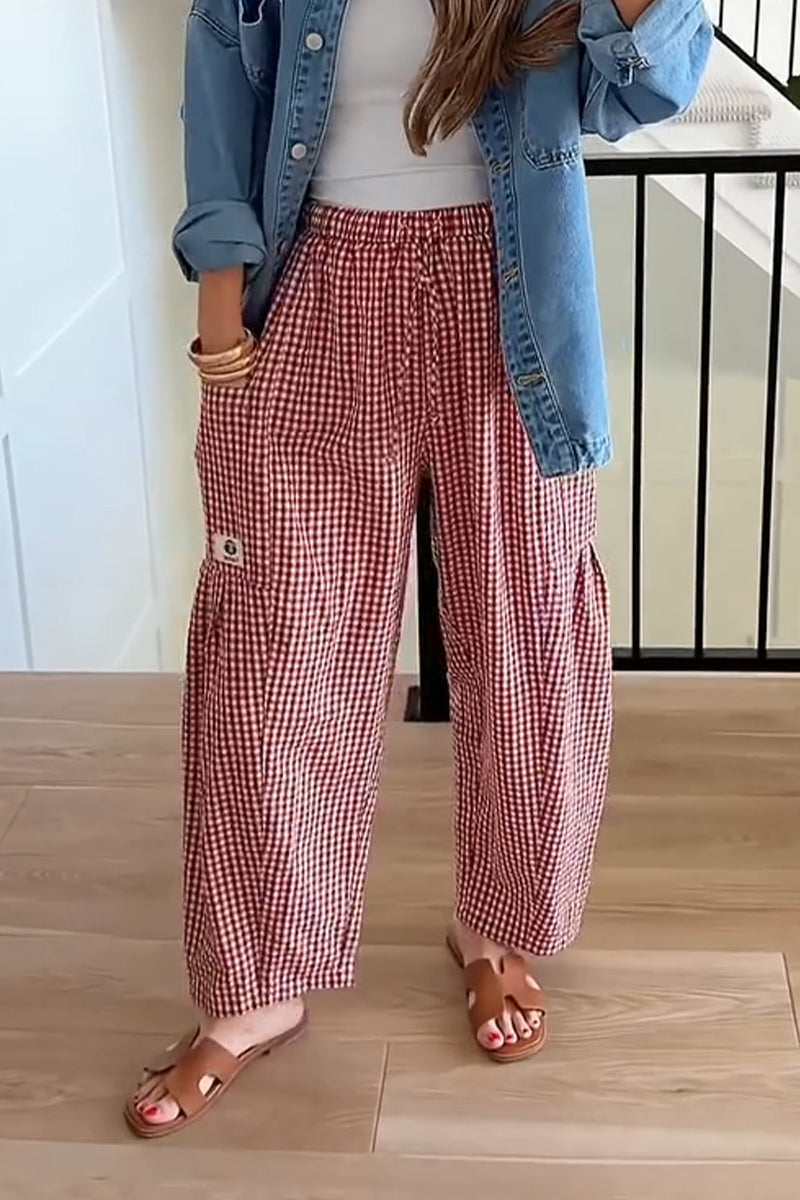Pantalon ample décontracté à carreaux en lin avec cordon de serrage pour femme