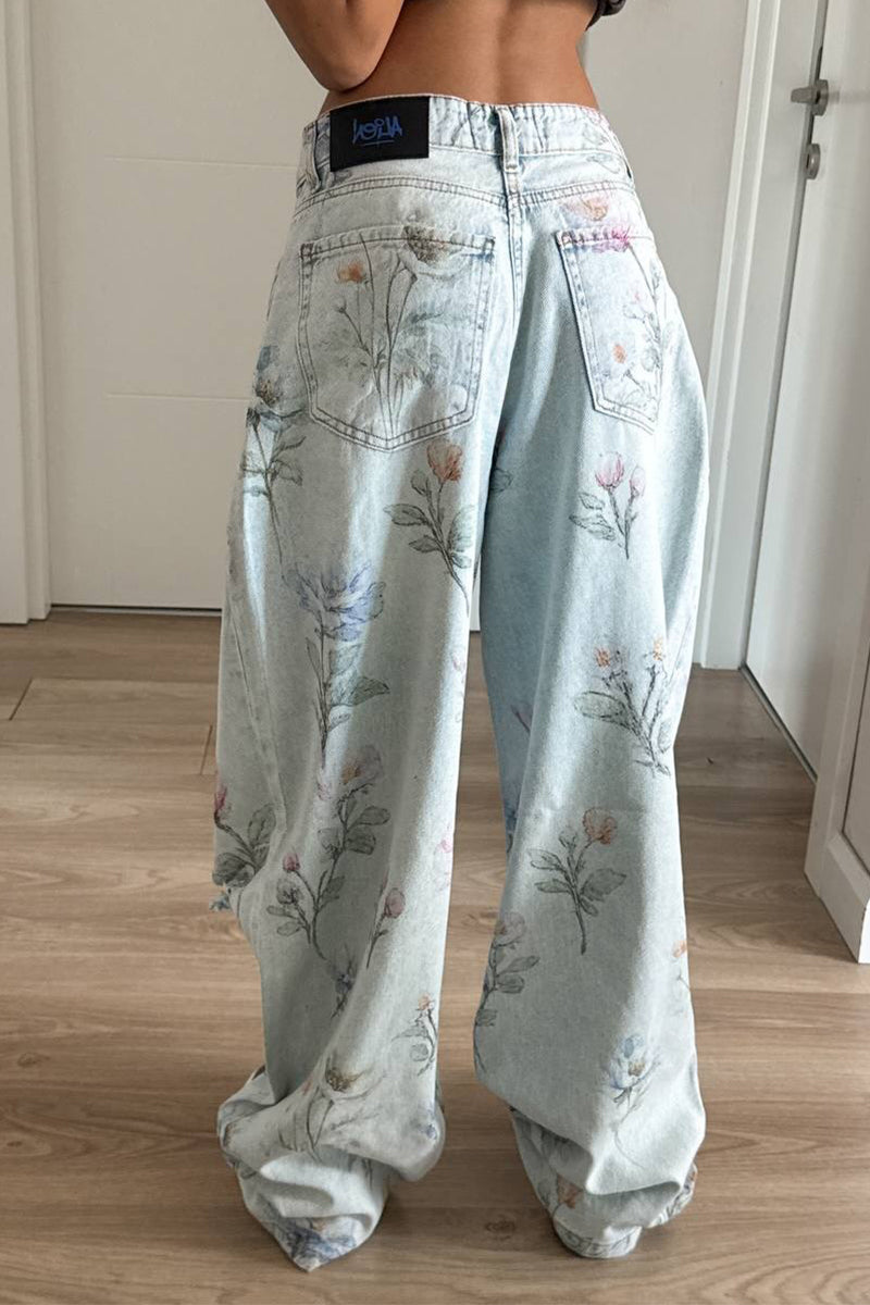 Pantalon en jean décontracté déchiré imprimé à jambes larges pour femmes