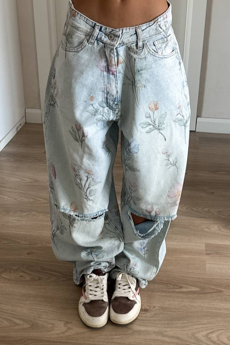 Pantalon en jean décontracté déchiré imprimé à jambes larges pour femmes