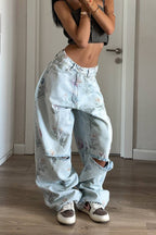 Pantalon en jean décontracté déchiré imprimé à jambes larges pour femmes