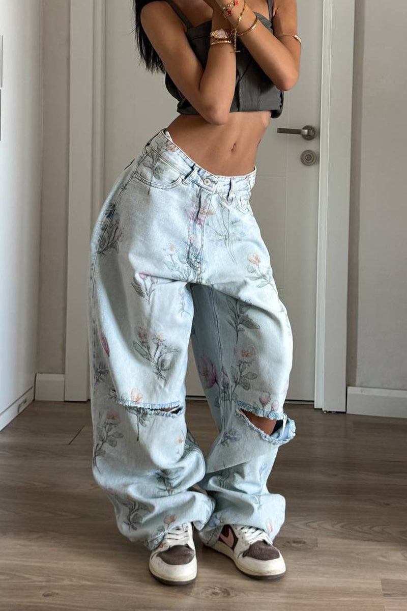 Pantalon en jean décontracté déchiré imprimé à jambes larges pour femmes